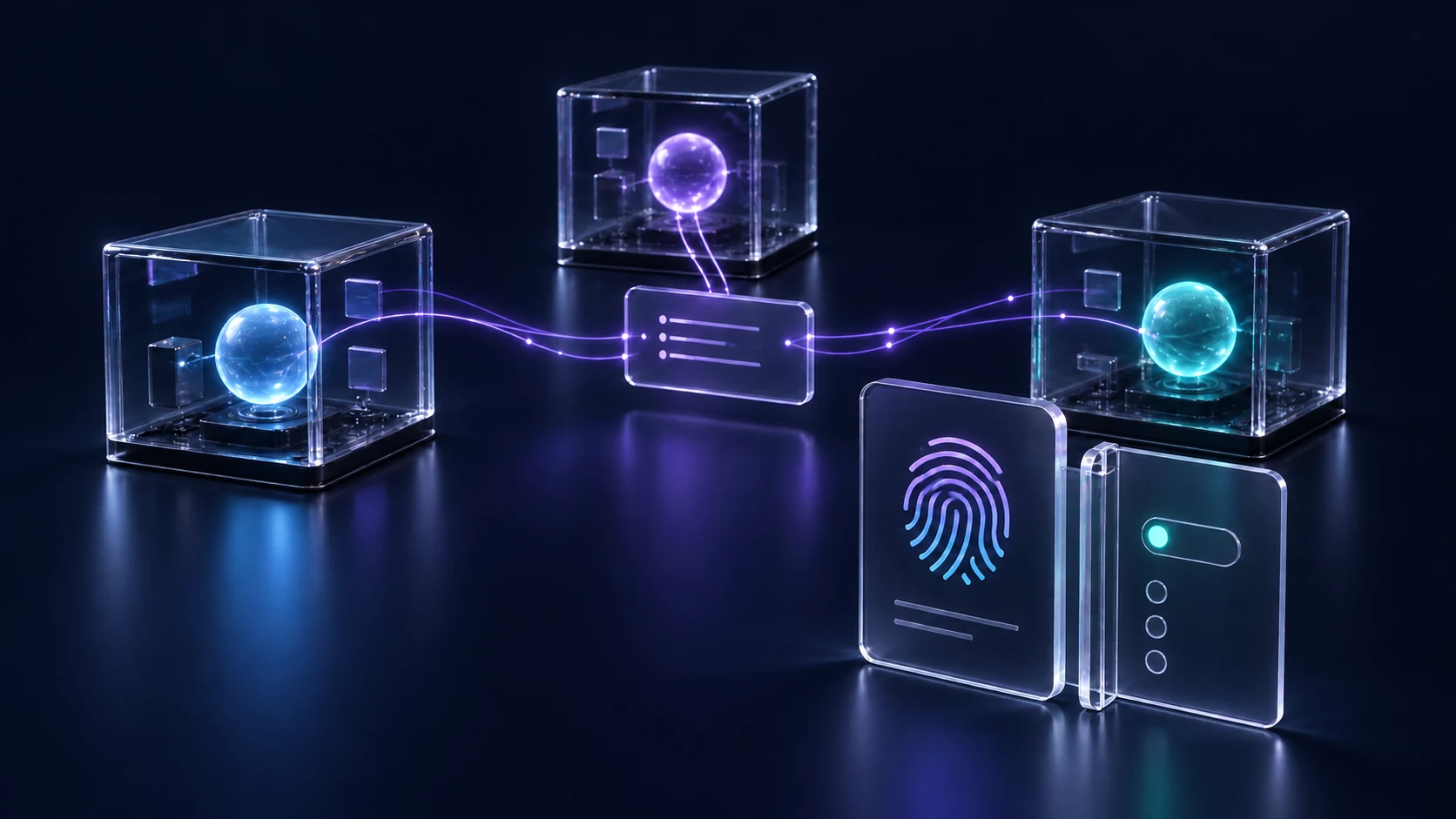 Ilustración conceptual de agentes de software conectados por un canal compartido, junto a una credencial y un control de permisos.