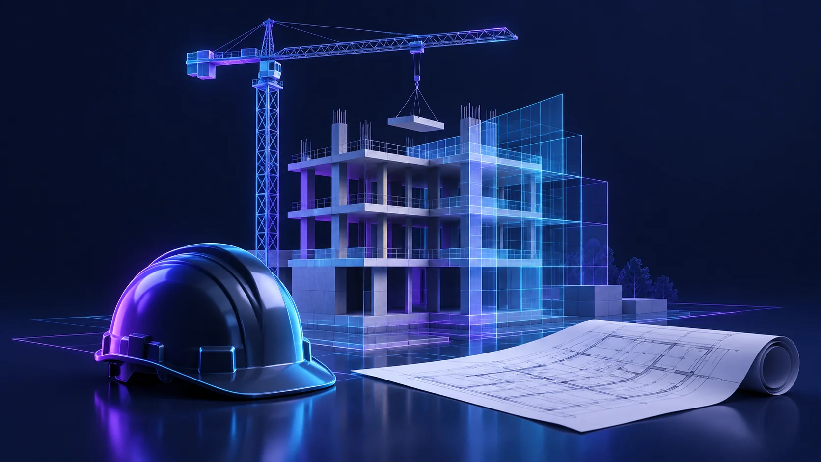 Maqueta de obra, grúa y plano para representar construcción.