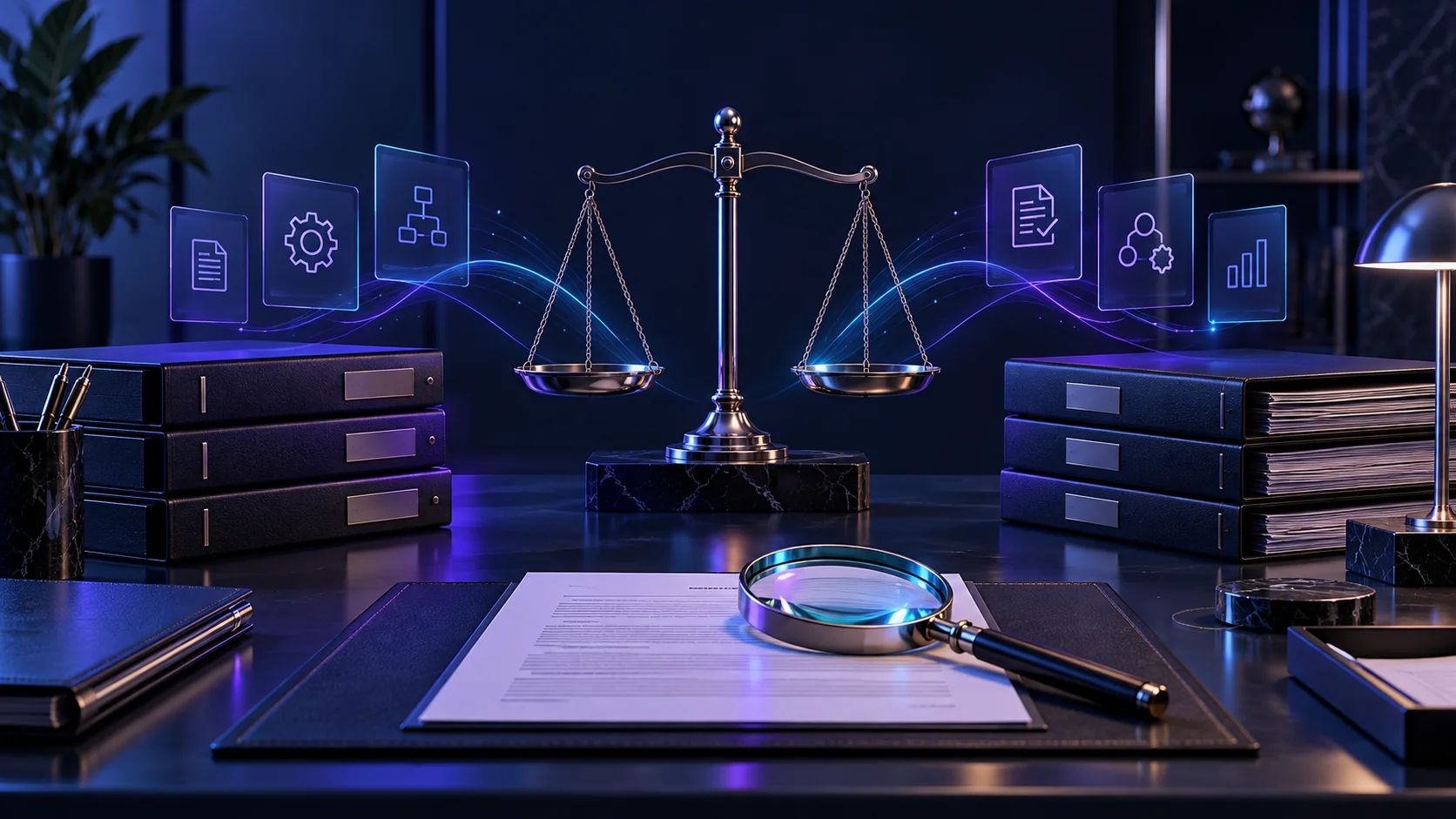 Balanza y expedientes jurídicos para representar un despacho.