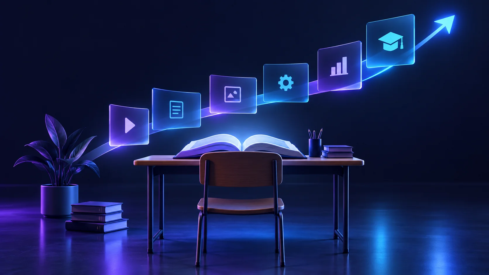 Libro, mesa de estudio y recorrido de aprendizaje conectado.