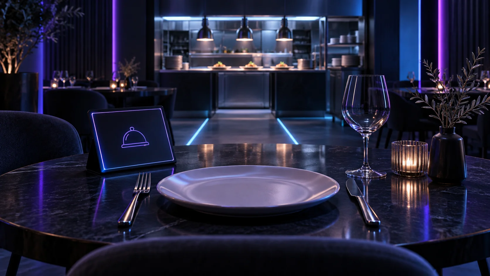 Mesa de restaurante y sistema de reservas conectado a cocina.