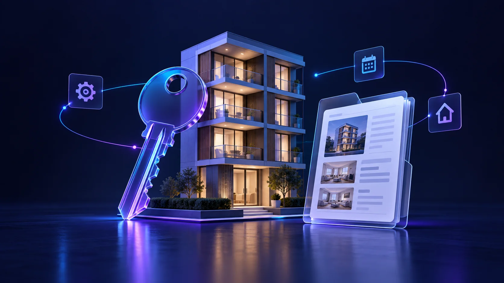 Edificio, llave y documentación de una operación inmobiliaria.