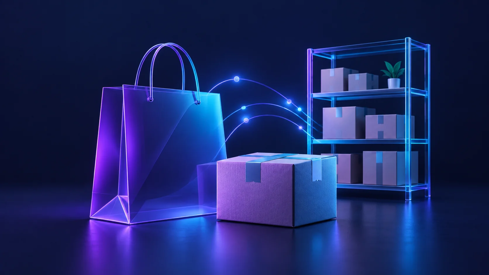 Bolsa de compra, paquete y estantería de inventario.